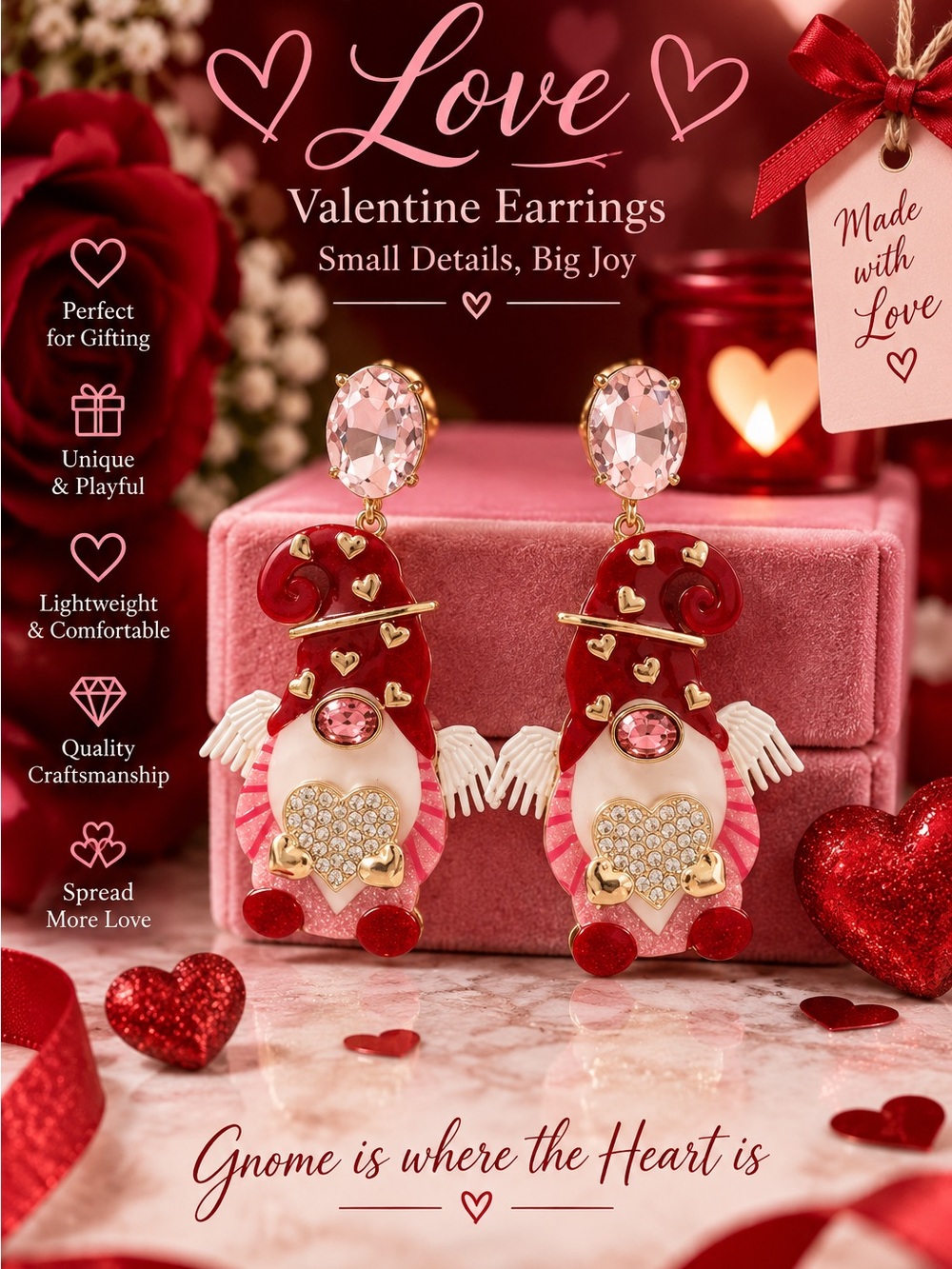 Valentine Gnome Drop Earrings — Pink & Red Heart Design